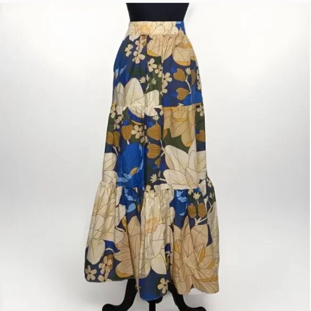 Farm Rio X Sezane Mandacaru Floral Sakura Midi Skirt 40 (L) Multicolor Ruffle
